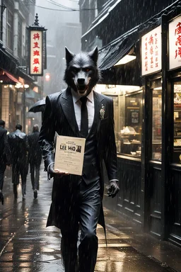 Werewolf in a suit walking the streets of Soho in the rain. He's holding a resraurant menu in his hand. There is a Chinese restaurant called Lee Ho Fuk's in the background. Photograph.
