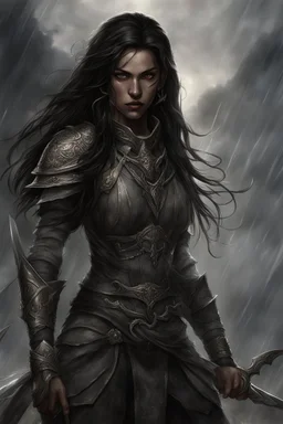 SA female elf with skin the color of storm clouds, deep grey, stands ready for battle. Her long black hair flows behind her like a shadow, while her eyes gleam with a fierce silver light. Despite the grim set of her mouth, there's a undeniable beauty in her fierce countenance. She's been in a fight, evidenced by the ragged state of her leather armor and the red cape that's seen better days, edges frayed and torn. In her hands, she grips two daggers, add dark shadow mystic purple flames