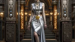 Creation: full body and headshot of a skinny Cleopatra, with a silver bob hairstyle, standing in a steampunk setting.