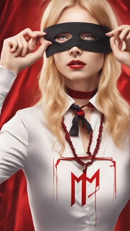 A blonde girl is blindfolded with a red cloth, with a necklace bearing the letter M around her neck. Cinematic picture