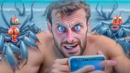 guy with creepy smirk watches censored videos on smartphone surrounded by tiny crabs