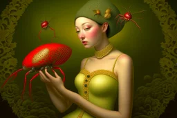 a woman with a bug in her hand, a surrealist painting by Ray Caesar, featured on cg society, fantasy art, daz3d, behance hd, surrealist