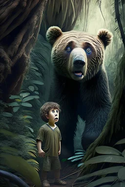 Suprised bear infront of boy in jungle