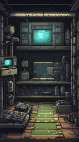 background, abandoned underground clandestine laboratory bunker for asset video game pixel art 2D view, platformer,