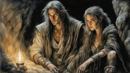 Hyper-photorealistic watercolor art style by Luis Royo, A dark cave lit only by oil lamps, a stone altar, animal skins, a young man and a girl, hyperdetailed face, full body diagonal shot, encounters male bandits in dark fantasy countryside setting, absence of mysterious elements, dramatic lighting, ultrafine detail, octane rendering., darkness world