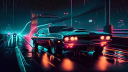 retro muscle car driving at night, neon, city, bridge, rain