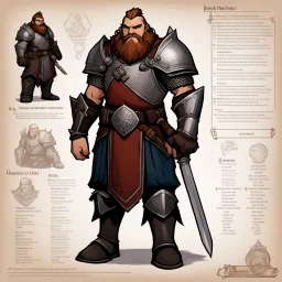 character concept sheet with AD&D statistics and characteristics, [wii No More Heroes style with thick lines] a dwarf cleric in heavy armour and his mace