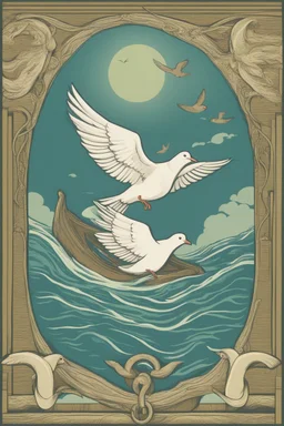 The flood, the Ark floats in the open sea, a dove flies in the sky with an olive branch in its beak