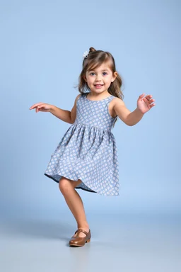 a pretty 5 years old girl with blue eyes and nice dress and shoes dancing and playing joyfully