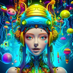 Freaky Friday, Celtic vibes, Organic Alice, cyborg Ai Queen with neuralink headgear, on an inter dimensional catwalk, perfect human face, clear acrylic plastic film, catwalk fashion show, iridescent, surreal, Salvador Dali meets pixels