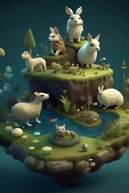 create a floating island world with rabbits, bears, wolves and hedgehogs, in a stylized realistic way