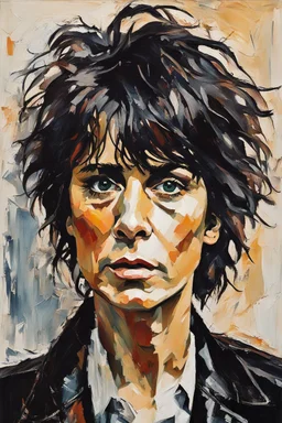 palette knife portrait of Chrissie Hynde in black leather, in the Expressionist style of Egon Schiele, Oskar Kokoschka, and Franz Marc, highly detailed hair and facial features, in muted natural colors with fine detail outlining and shading