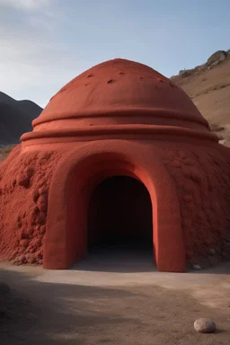 A grayish red volcanic vault made out of brimstone designed in ancient Greek pottery