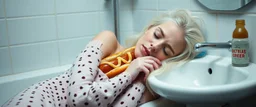 drunk albino woman with a hot dog in bread sleeping over in bathroom