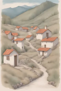 a drawing of a small village in the Perineum mountains