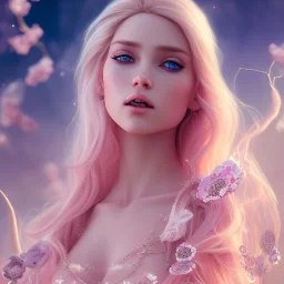 fairy, pink, blonde hair, beautiful, whole face, whole top hair head, hyperrealism, masterpiece, expert, cinematic lighting, sharp focus, 8K, pastel, macro lens, woman, detailed, flower