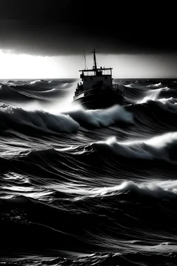 black and white photography, ship on waves