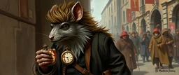 portrait of a hairy rock star wererat with stylized hair holding pocket watch, fantasy art, style of Rembrandt,Dead drop discovery: While walking, a party member stumbles upon a small, blood-stained package hidden in a gutter. It contains a coded message to a cult of the Dead Three. 9-10 Parade of the Patriars: A noble's procession blocks the street with bone clubs. The crowd is forced to bow, and guards roughly shove anyone who doesn't move quickly enough.