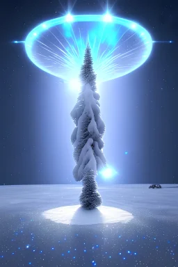  snow, snow and ice path. ufo, Flying saucer metal blue and crystals,crystalline, beau , fin, renderin, cosmic, opalescent, 100mm, opalescent, gemstones, crystals, bright, neige, great star in the sky, shooting star, blue water,small tree