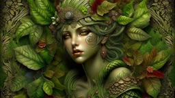 beautiful Forest fairy lady portrait, adorned with textured leaves and botanical floral palimpsest art nouveau floral ribbed and berry ribbed armour in the embossed woods background , wearing forest floral and leaves fairy art nouveau mineral stone headdress, organic bio spinal ribbed detail of full art nouveau floral backgreong extremely detailed hyperrealistic concept art