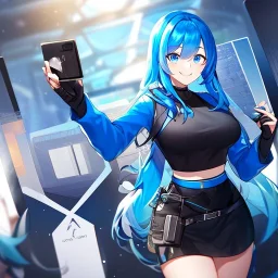 Clear focus,High resolution, Vibrant short blue hair, Vibrant blue eyes, Wearing a black short skirt,black crop top sleevelss,blue cut sleeves,black fingerless gloves, Smiling,Long bangs, Smiling, Holding the camera