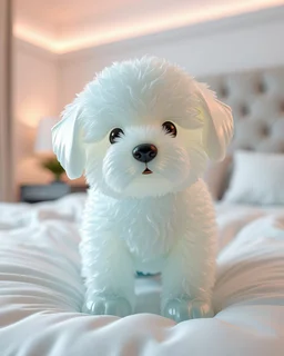 Generate image: A macro 3D render of a cute, lovely wooly dog ,made of Translucent glossy jelly material, soft gelatinous appearance, smooth rounded surface, realistic subsurface scattering, internal light diffusion, subtle volumetric translucency, wet polished highlights, slightly reflective surface, soft rubbery-plastic texture, vibrant neon color, physically based shader, studio lighting, high-end CGI render.on a conform in a luxury bedroom.