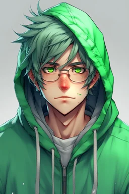 Anime man with glasses, messy green hair, wearing a hooded sweatshirt, realistic