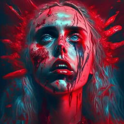 Singer Danish MØ face, blood, guts, wildflower, cosmic, futuristic, iridescent, intricate, darkred tones,