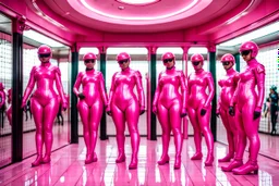 Hyperrealistisch stämmige, üppige Frauen völlig verhüllt von identischen pinkfarben glänzenden Ganzkörper-Zentai mit geschlossenem Visier in pinkfarbenem, geschlossenem Helm stehen Schlange vor Drehkreuz auf gekacheltem Flur