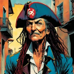 create an imaginative aged female, ornately dressed Turkish pirate captain with finely detailed facial features, short dreadlock hair, in the backstreets of Istanbul, in the comic book art style of Bill Sienkiewicz, Mike Mignola, and Jean Giraud Moebius, finely textured, drawn, colored, and inked