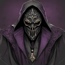 warlock, black mask with ash purple patterns, black robe with ash purple patterns, dark, ominous, ash purple, grey background