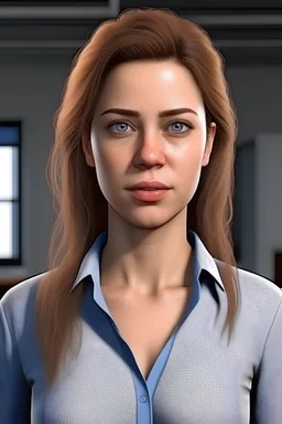 ultra realistic photo of a beautiful white woman face and bust looking at the camera in office outfit