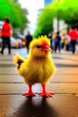 The little chicken is cute and cute and very small in shock and standing in a public street.