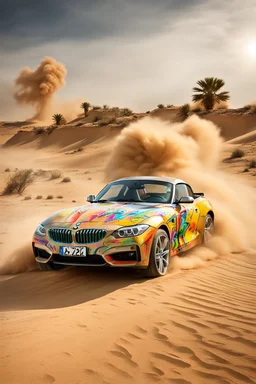 a realistic photo of a bmw z4,the car is spray painted with graffiti, desert background with sand storm to make the car stand out, colorful and stylish graffiti, 12k highly detailed and realistic , Masterpiece, dramatic product shot