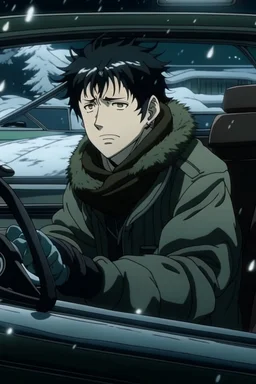 Megumi Fushiguro | Jujutsu Kaisen a guy with disheveled black hair an anime character is sitting in a car wearing a scarf. It's snowing outside and it's nighttime. Everything is pale and dreary