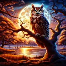 A beautiful owl on an oak by the lake, night serenity, fool moon, dramatic colors, Indian style Modifiers: highly detailed digital painting elegant beautiful dynamic lighting Magical realism perfect composition