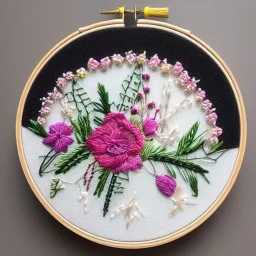 embroidery hoop with delicate embroidery and beadwork of flowers, tulle, couture, beautiful composition, aesthetic layout, wildflowers, detailed beadwork, beading