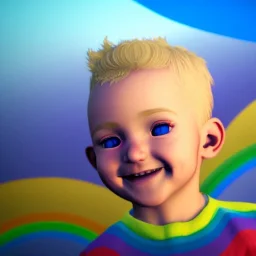 visage petit garçon blond aux yeux bleus souriant sur fond arc en ciel, unreal engine, 4k