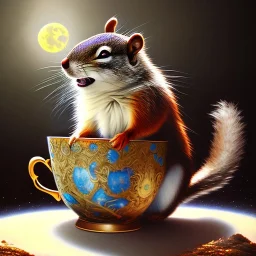 laughing squirrel sleeping, dreaming of the moon, drinking warm tea surfing waves on a teacup, fantasy art, book cover