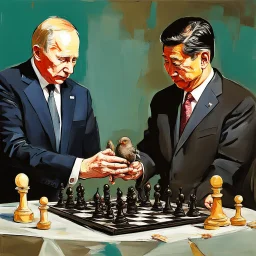 Putin, President Xi Of China And Joe Biden Play Chess With A Pigeon,Ufo And Atomic Bomb Mushroom Cloud,Complex Surgical Instruments Intermixed With A Newborn Boy,Minimalism,Painting By Adrian Ghenie,Rene Magritte,Pablo Picasso,Michelangelo,Salvador Dali,Lucian Freud