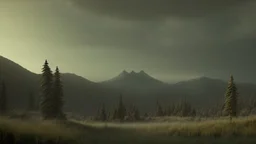 Cloudy dark sky, Distant epic mountains, trees