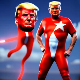 Realistic image of Donald trump super hero, retro style, watchmen style, red and blue colors, white stars, suspenders, latex material, 80s, vibrant color, highly detailed, sky background, concept art, unreal engine 5, god rays, ray tracing, RTX, lumen lighting, ultra detail, volumetric lighting, 3d, finely drawn, high definition, high resolution.