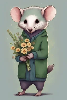 Green opossum wearing cardigan holding a bouquet of wildflowers cute art