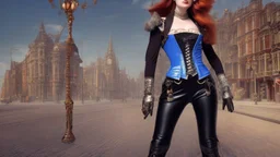 full-height portrait of a woman with straight shoulder-length auburn hair, with metal arms and legs, dressed in leather trousers, and a waistcoat, in a Victorian street next to a steampunk motorbike, blue sky