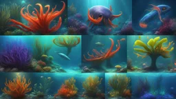 creatures, plants from subanautica from deep sea, leviathan's a lot of sea plants very deep, beautiful, river of magma, green and blue and more colours, sea animals from subnautica