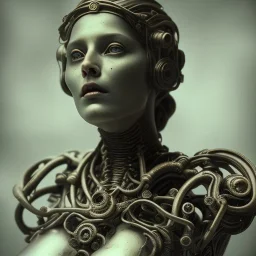a greek marmor statue of a woman, steam punk, hr giger, scary, horror, realistic, made in octane, cinematic, movie, CGI, ultra-realistic, extremely detailed octane rendering, 8K, VRAY Super Real ar 2:3, dof photorealistic futuristic 50mm lens hard lighting dark gray tintype photograph, realistic lighting, sephia colors