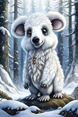 A chibi soft fluffy white furred, medium height mutant mammal with medium snout, big dark eyes, big tassel ears, a cute fantasy creature. Tundra forest , snow in the background. sharp focus, intricate details, masterpiece