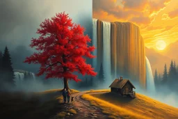 A cinematic atmospheric oil painting landscape dramatically split between cool misty blue-gray tones on the left and warm golden-orange sunset hues on the right. A vibrant red tree blazes like flames against the dramatic sky on the right side. Cascading vertical color streaks create a surreal waterfall effect throughout the composition. Two human figures a man and a woman and a dog walk intimately side-by-side along a winding path in the foreground. A rustic wooden cabin sits