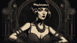 Full Body, burlesque Woman With A Bob With A Fringe Hairstyle, 1920s flapper style Clothing, Morticia, Steampunk, Black Background