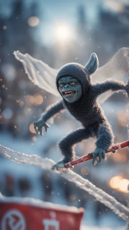 ninja yeti god gremlin alien pimp with ski mask caught frozen in net, bokeh like f/0.8, tilt-shift lens 8k, high detail, smooth render, down-light, unreal engine, prize winning